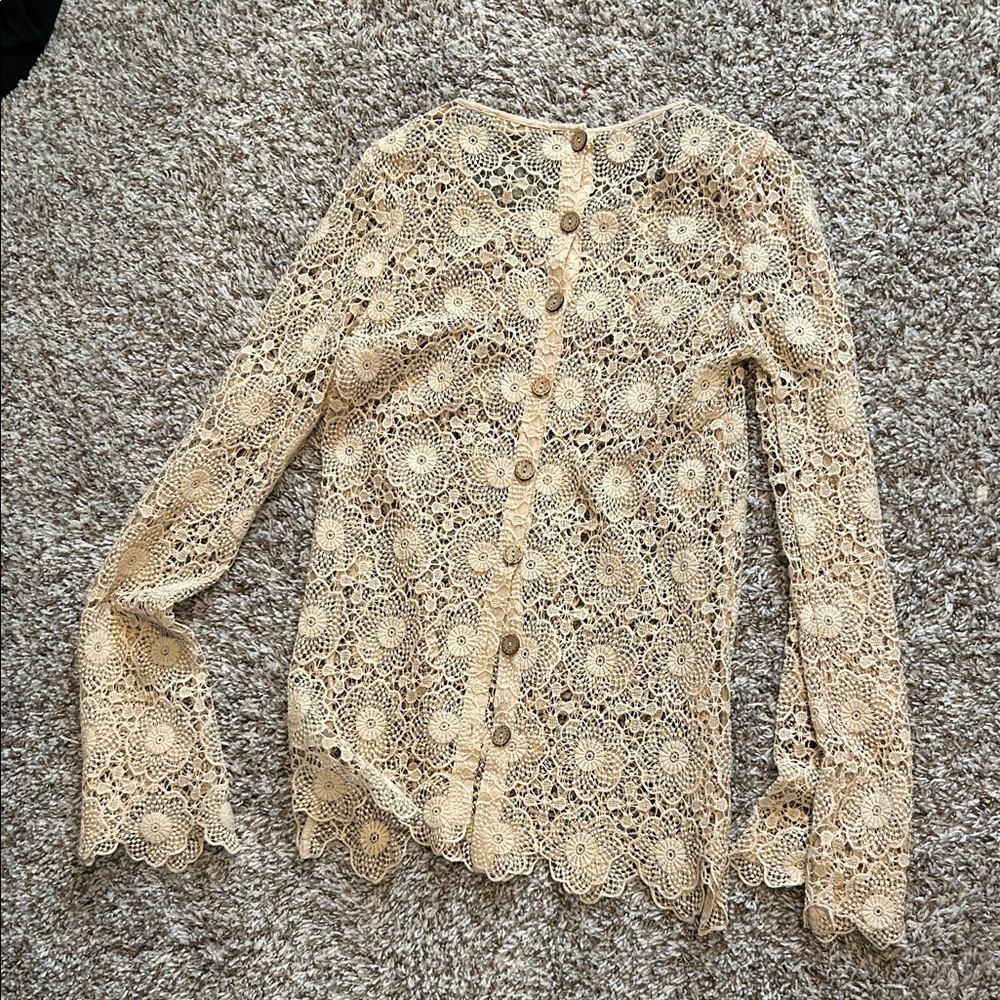 Crochet Lace Button- back Long Sleeve Top - Cream